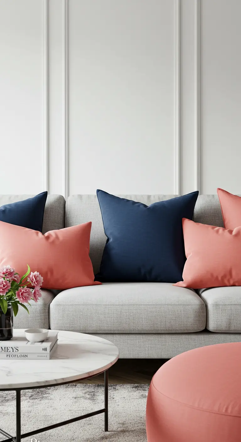 Canapé gris clair avec une combinaison de coussins bleu marine et rose corail.