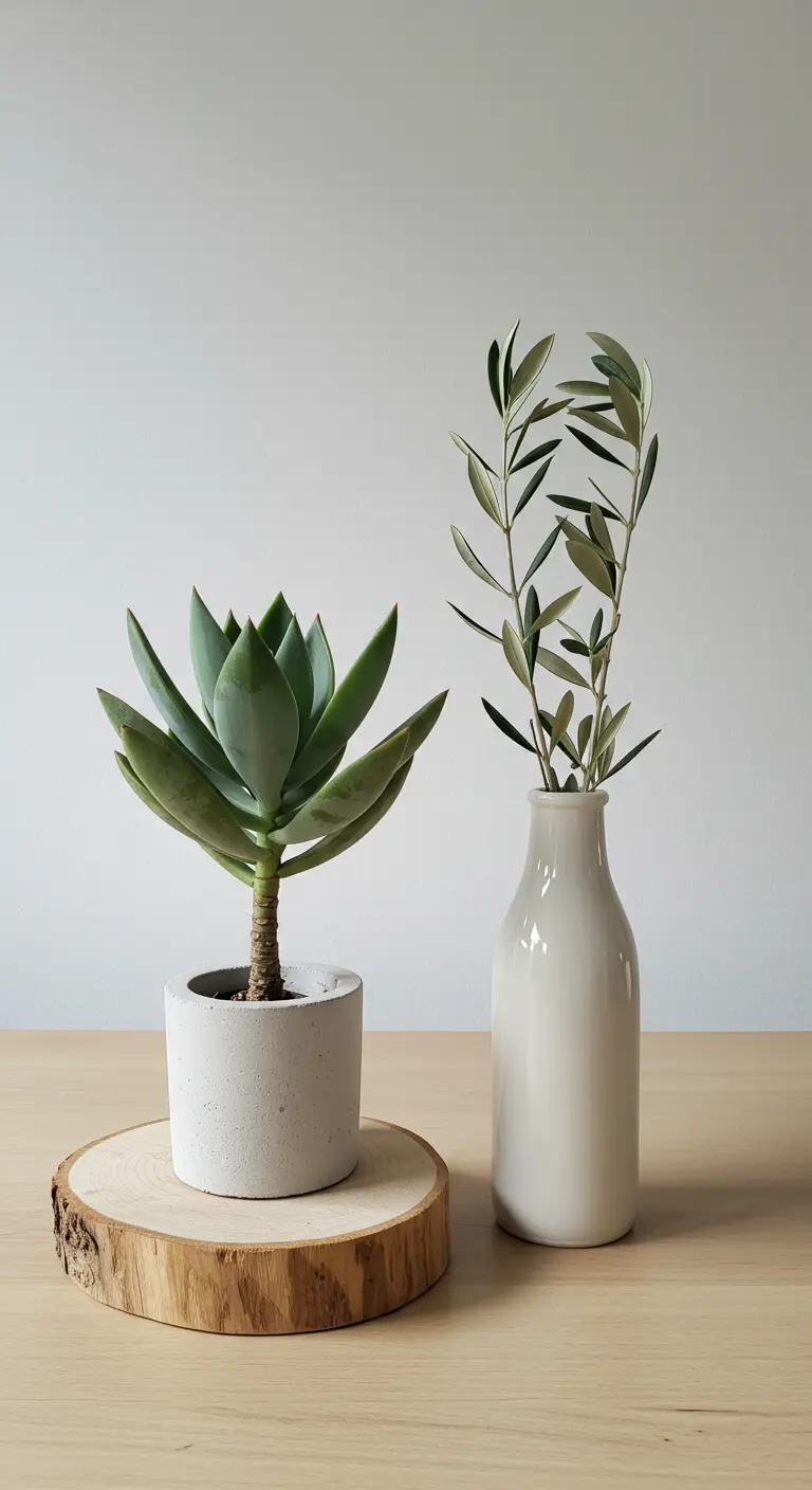 Pot en béton avec succulente et vase blanc avec branche d'olivier.