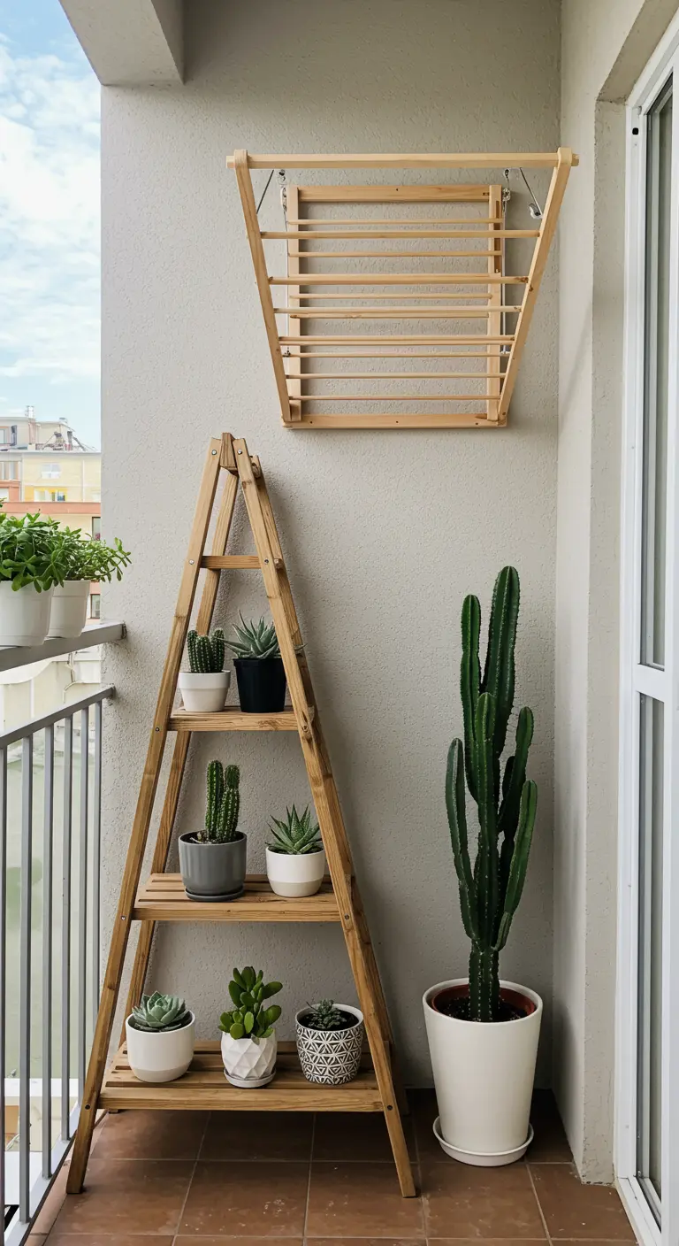Étagère triangulaire en bois pour cactus et séchoir mural pliable.