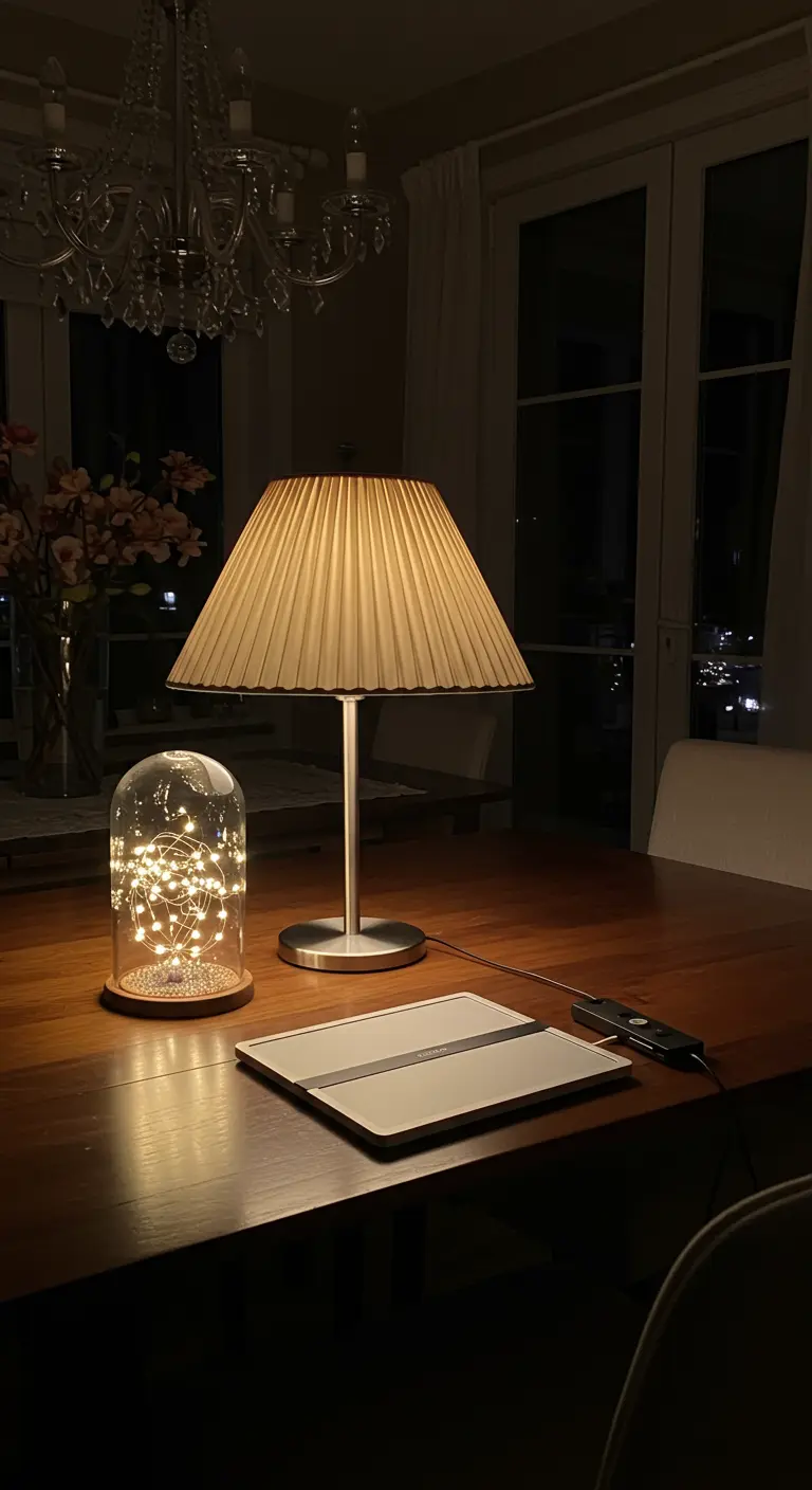 Bureau en bois avec lampe à abat-jour plissé et guirlande sous cloche en verre.