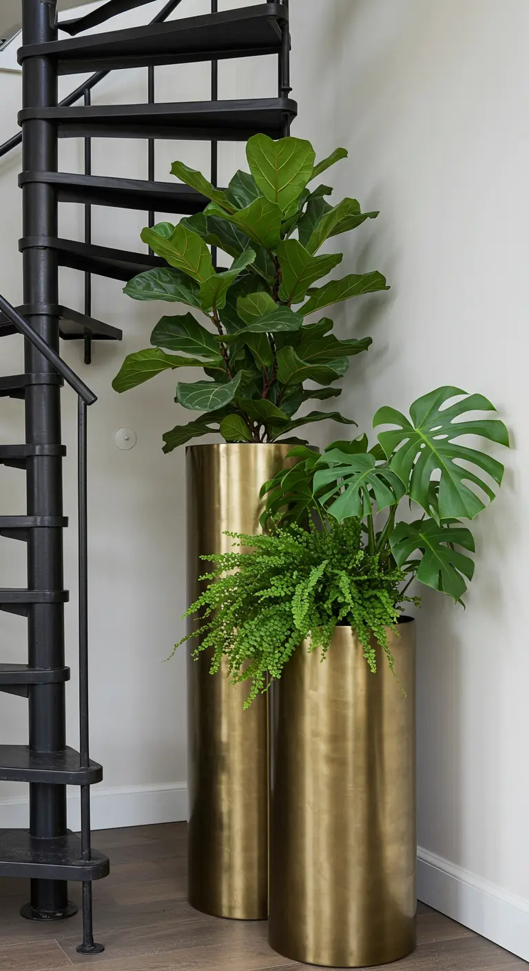 Deux jardinières cylindriques dorées avec un ficus et une fougère près d'un escalier noir.