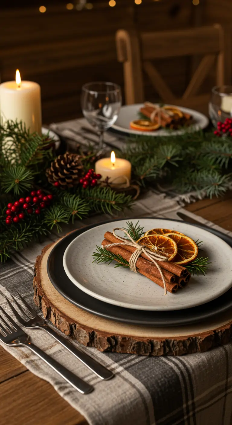 Assiette décorée d'un fagot de bâtons de cannelle et d'oranges séchées.