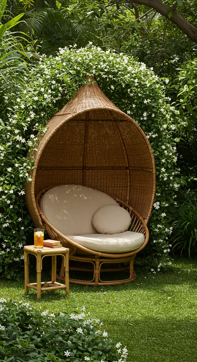 Fauteuil cocon en rotin avec coussins clairs, niché dans une haie de fleurs blanches et feuillage vert.