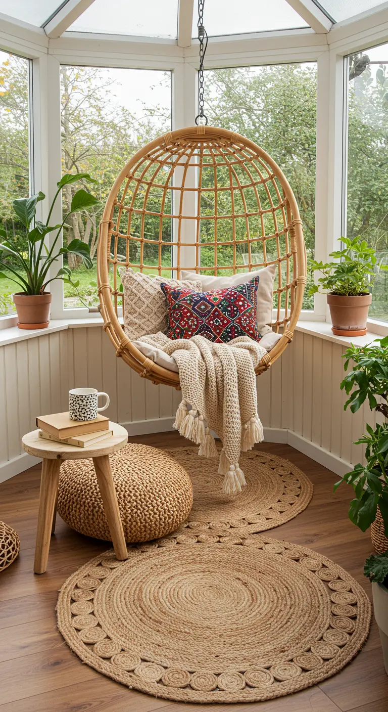 Fauteuil suspendu en rotin dans une véranda, avec un plaid et un tapis en jute.