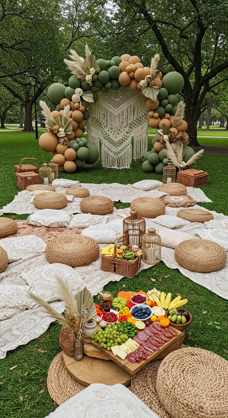 Pique-nique bohème dans un parc avec arche de ballons verts et marrons, grande planche de nourriture.