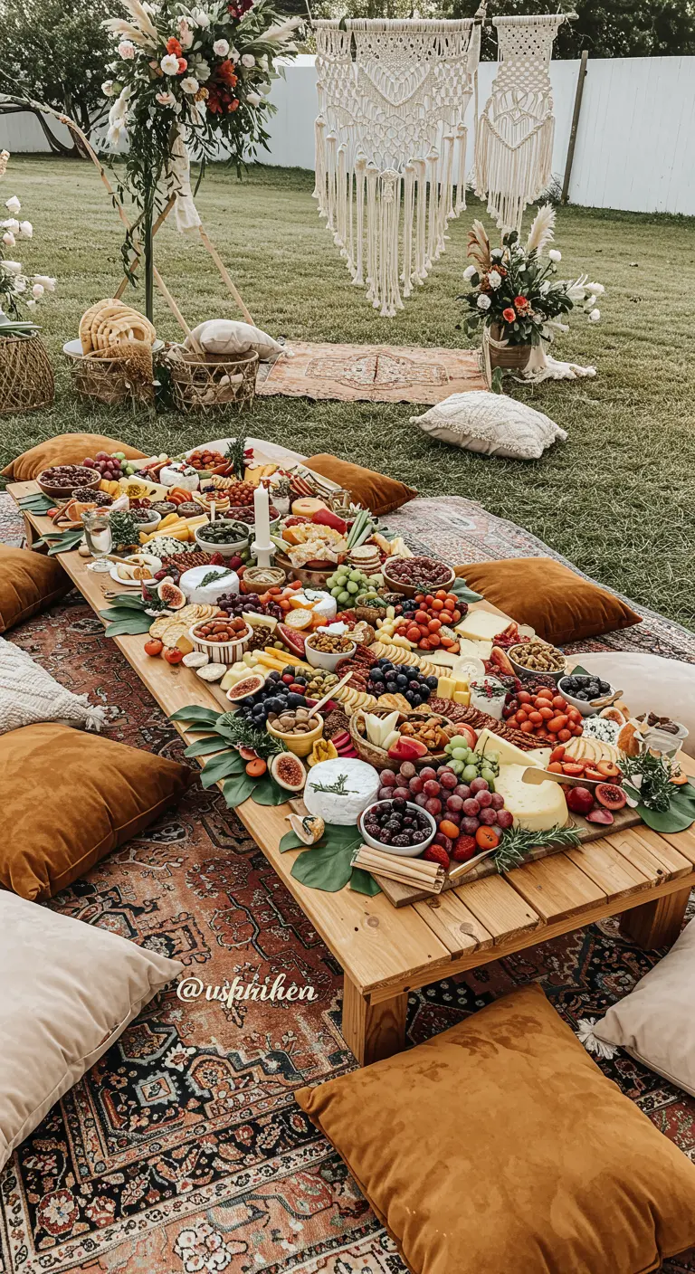 Table basse en bois recouverte d'un immense plateau de fromages et de fruits.