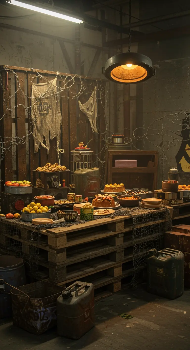 Buffet post-apocalyptique sur palettes, barbelés, bidons, tissus déchirés.