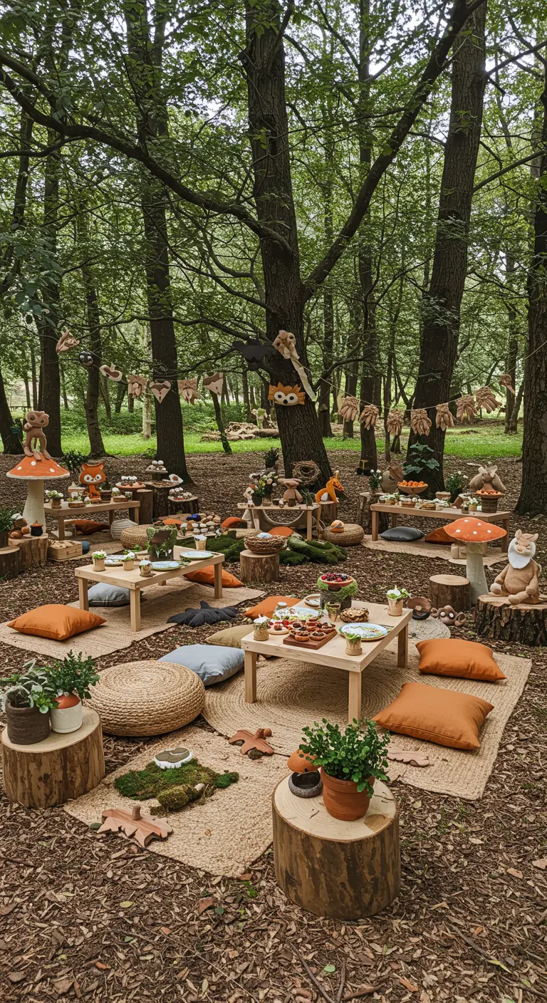 Pique-nique d'anniversaire en forêt avec tables basses, coussins et décorations champignons.