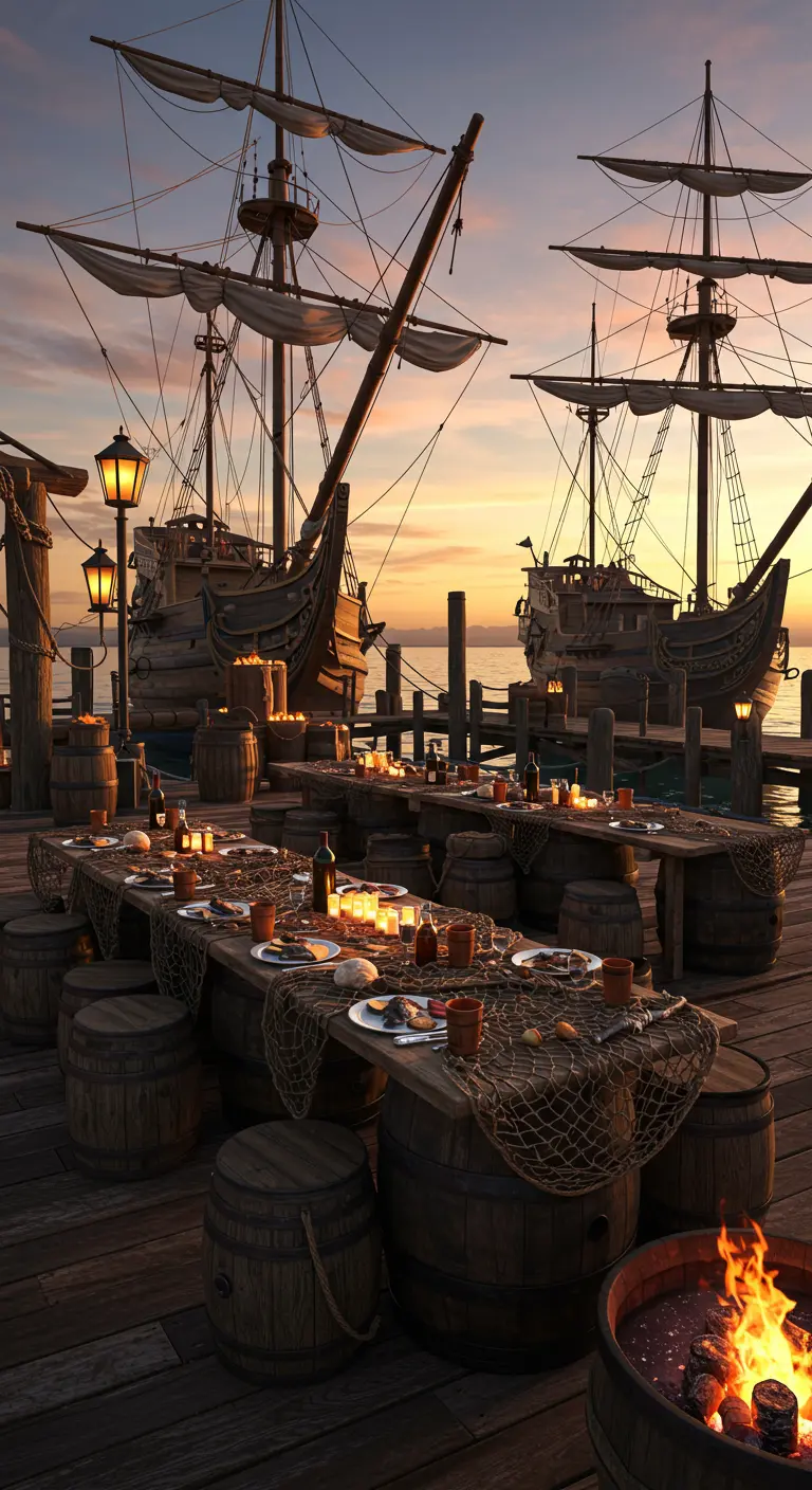 Banquet sur un quai en bois au crépuscule, avec des navires et des tonneaux.