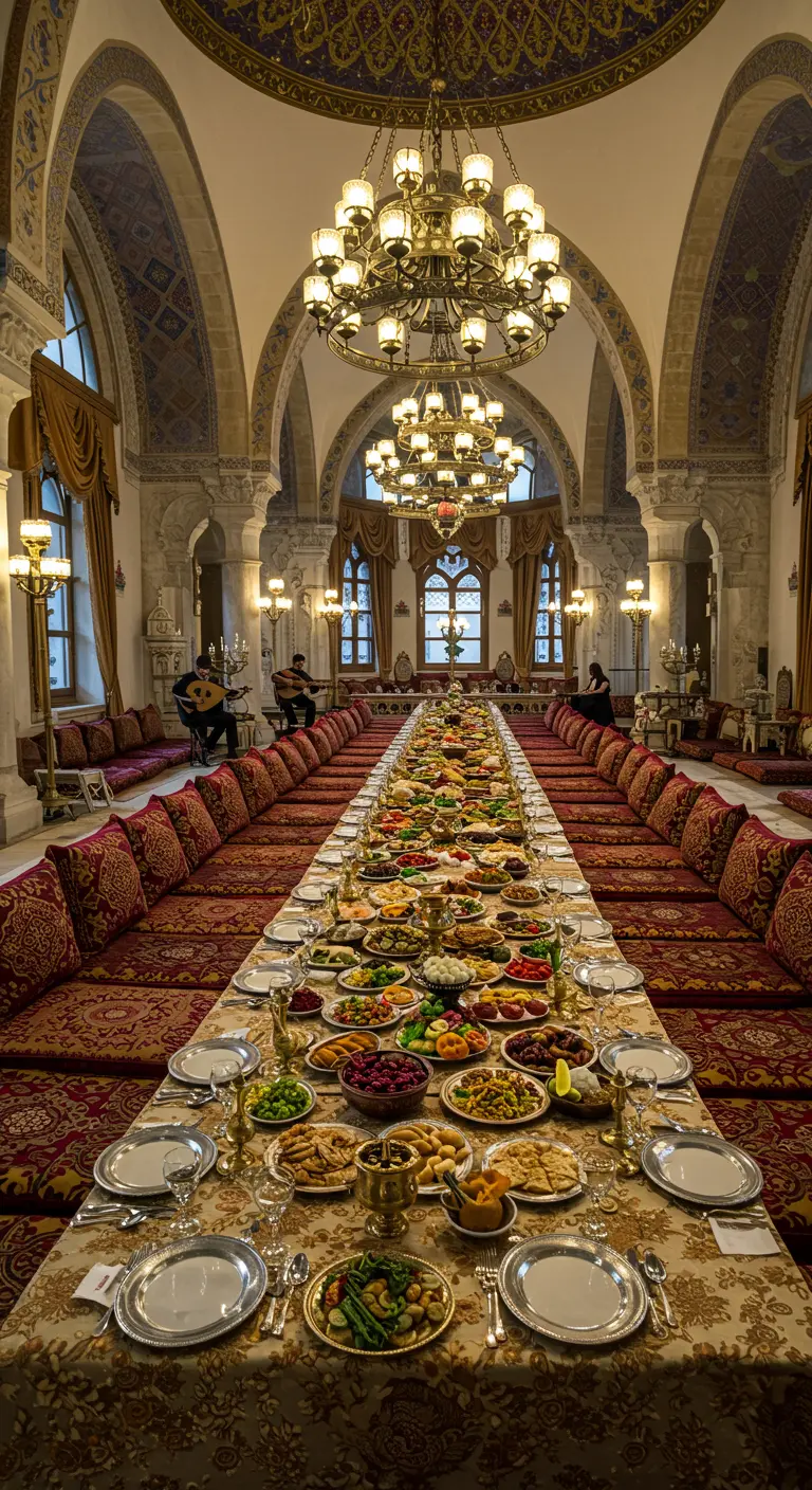 Immense table de banquet orientale dressée avec une profusion de plats colorés.