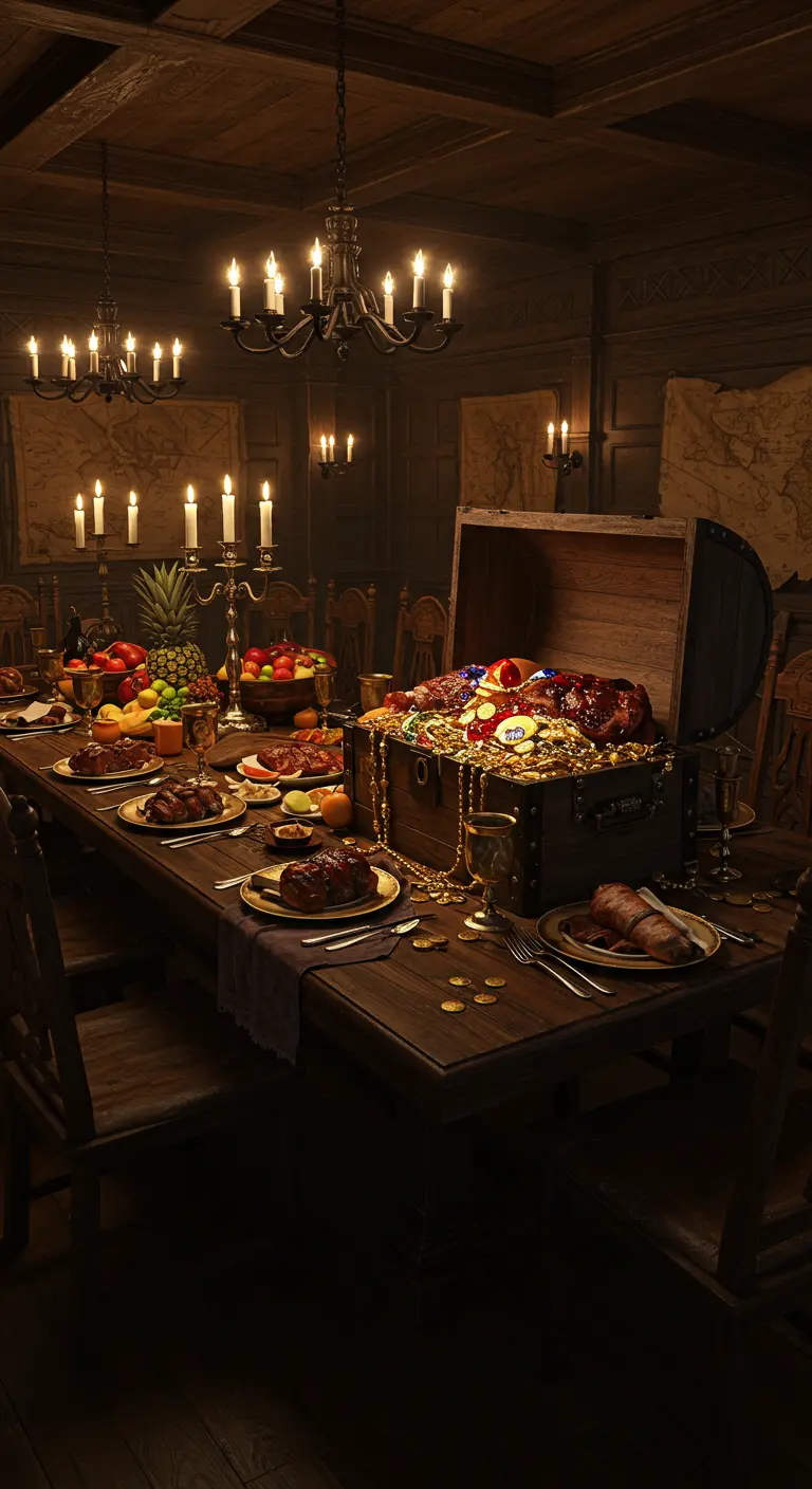 Table de banquet pirate éclairée aux chandelles avec un coffre au trésor débordant de richesses.