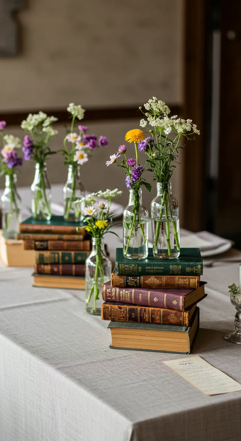 Centre de table composé de livres anciens empilés et de petites fioles de fleurs.