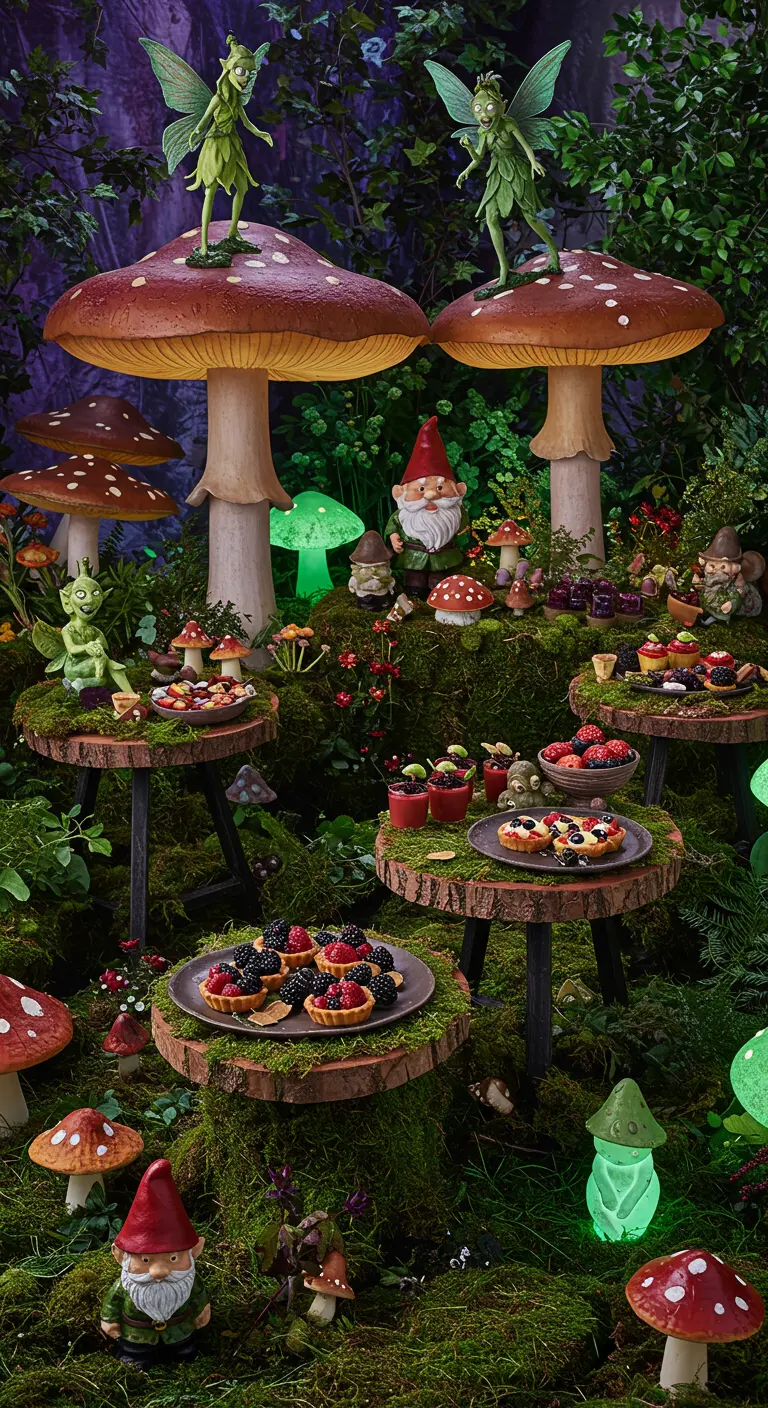 Buffet féerique en forêt avec champignons géants, fées, gnomes et souches d'arbres.
