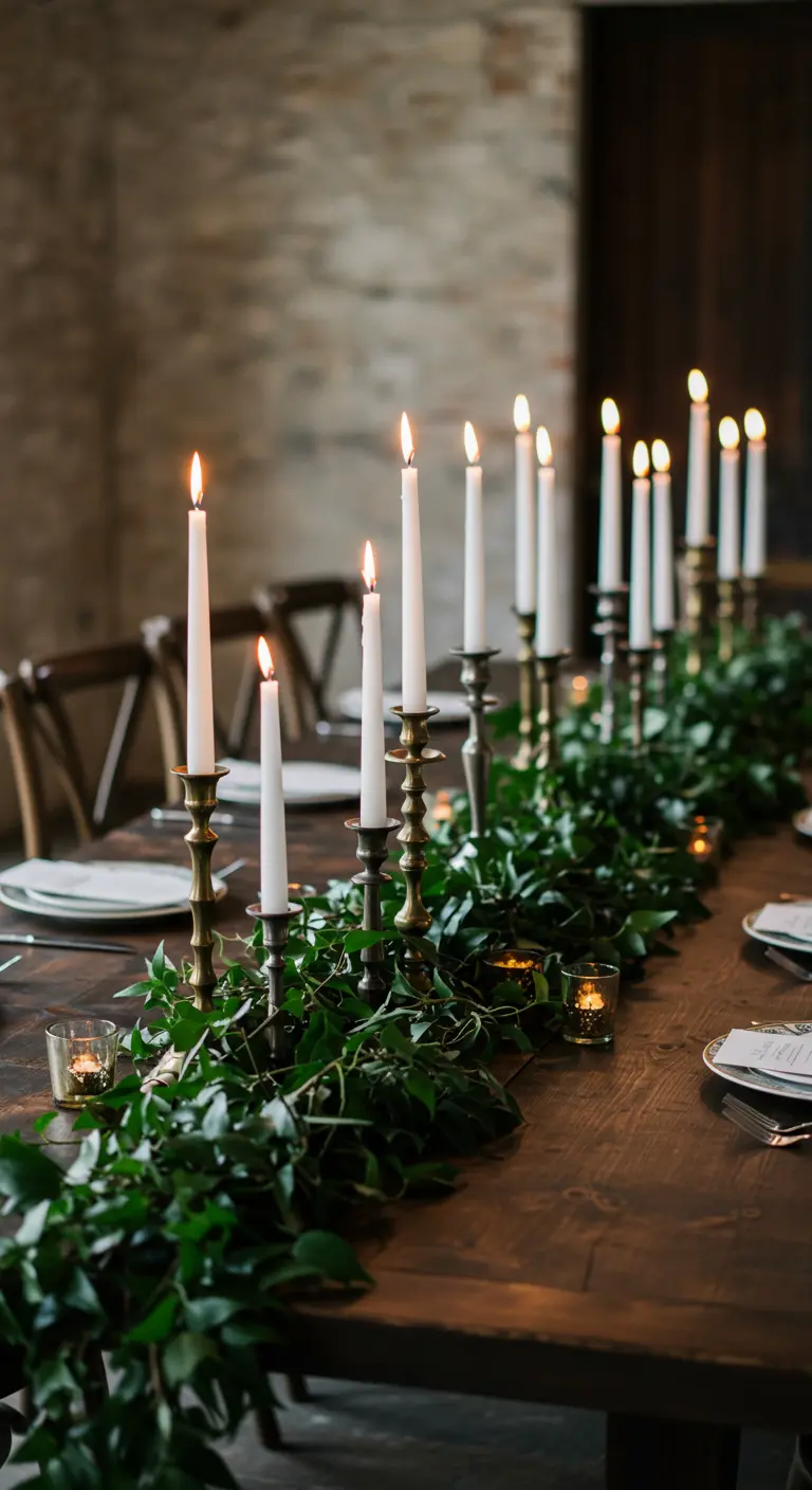 Chemin de table de feuillage vert dense avec de hautes bougies blanches sur chandeliers dorés.