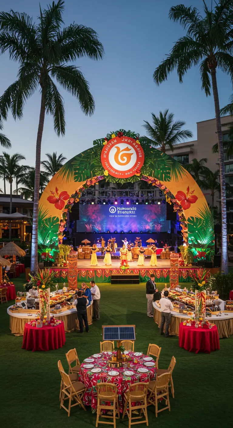 Grande scène de spectacle décorée dans un style tropical coloré pour un événement.