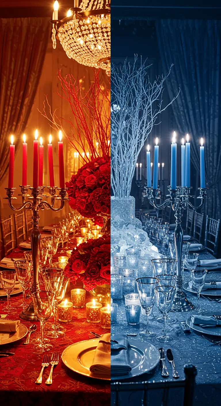 Montage photo montrant deux décorations de table : une rouge et chaude, l'autre bleue et froide.