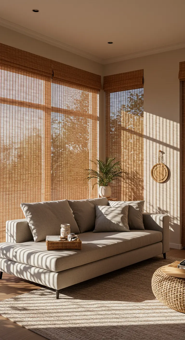 Salon baigné d'une lumière chaude filtrée par des stores en bambou, canapé beige confortable.