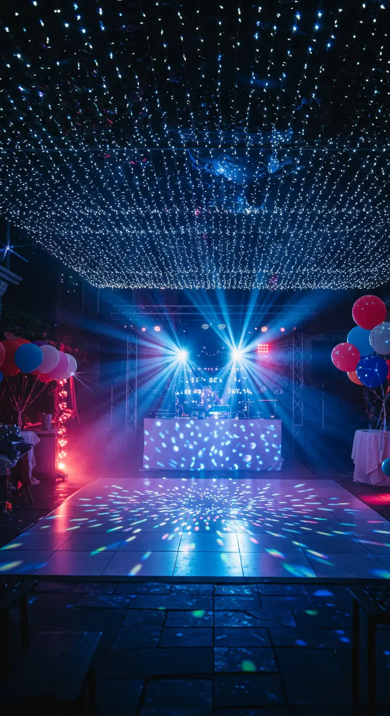 Piste de danse extérieure avec un plafond de milliers de lumières LED et des projecteurs de scène.