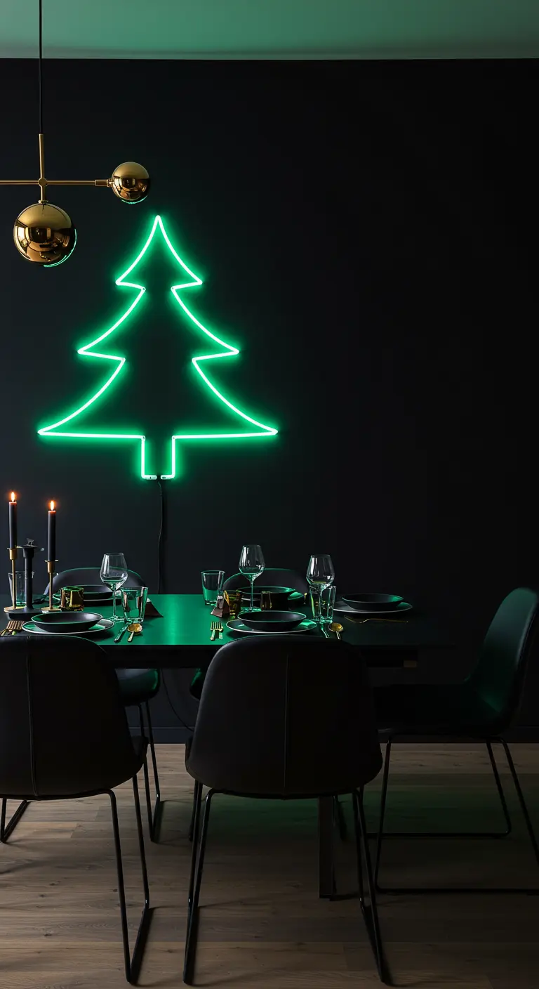 Enseigne néon verte en forme de sapin de Noël, illuminant une salle à manger sombre.