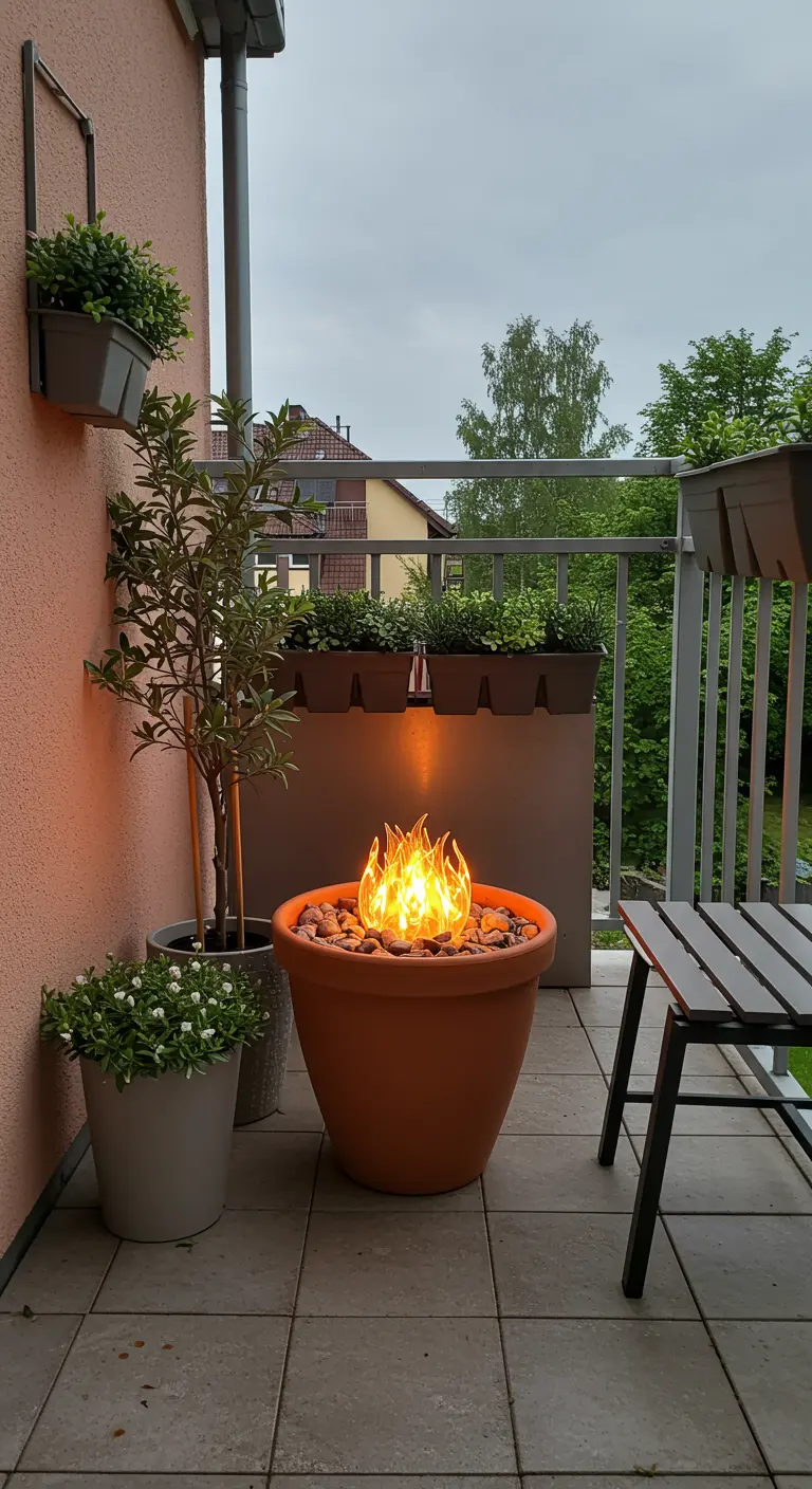 Pot en terre cuite transformé en petit foyer avec des flammes au centre.