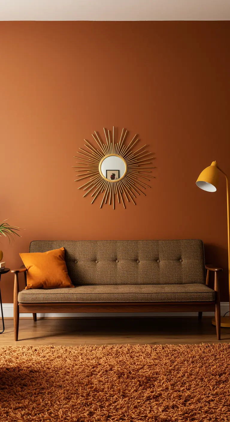 Mur d'accent orange brûlé avec un grand miroir soleil doré au-dessus d'un canapé rétro.
