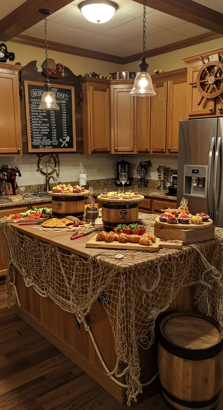 Buffet de cuisine décoré avec un filet de pêche et des tonneaux en bois
