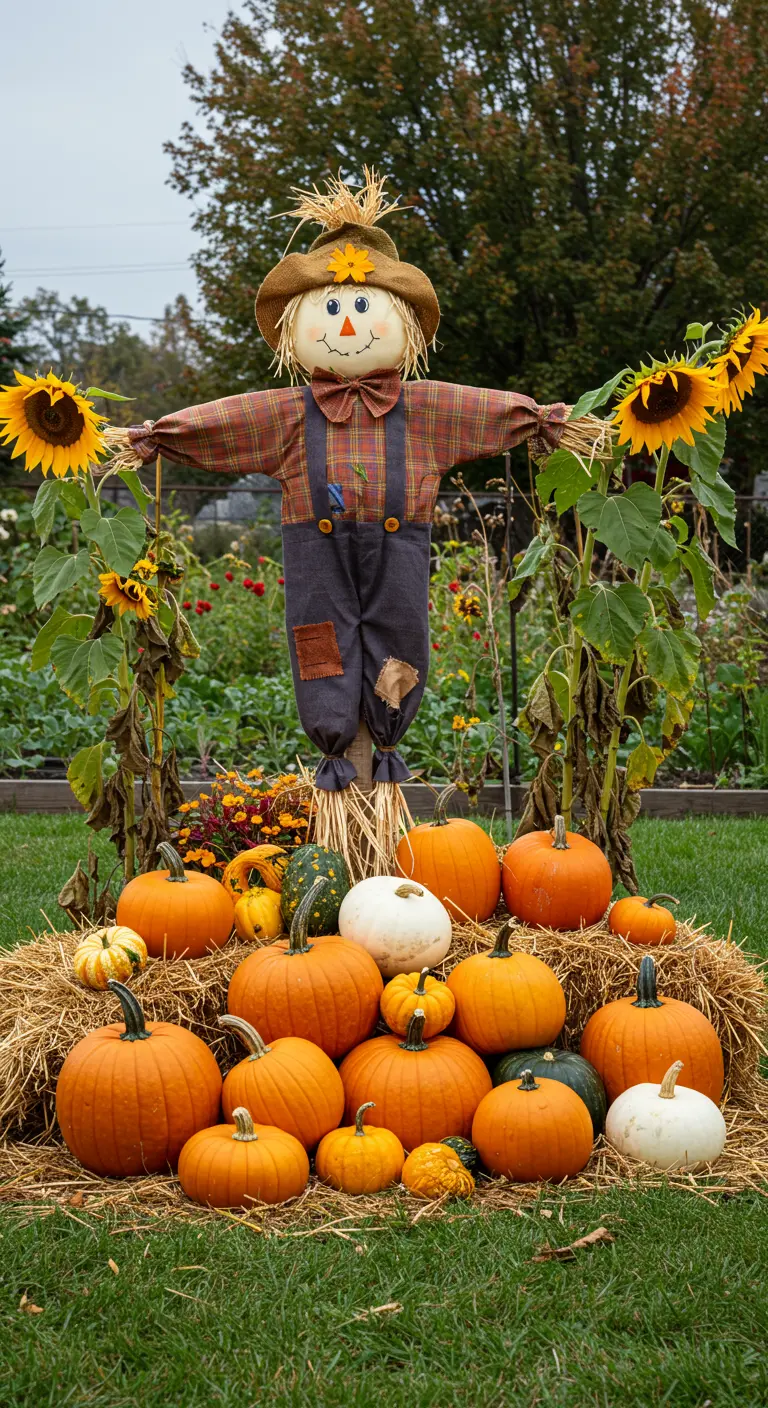 Un épouvantail souriant entouré de citrouilles et de tournesols dans un jardin.