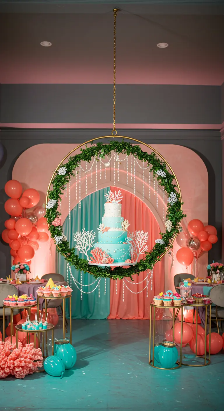 Gâteau sirène présenté sur une balançoire circulaire suspendue et décorée.