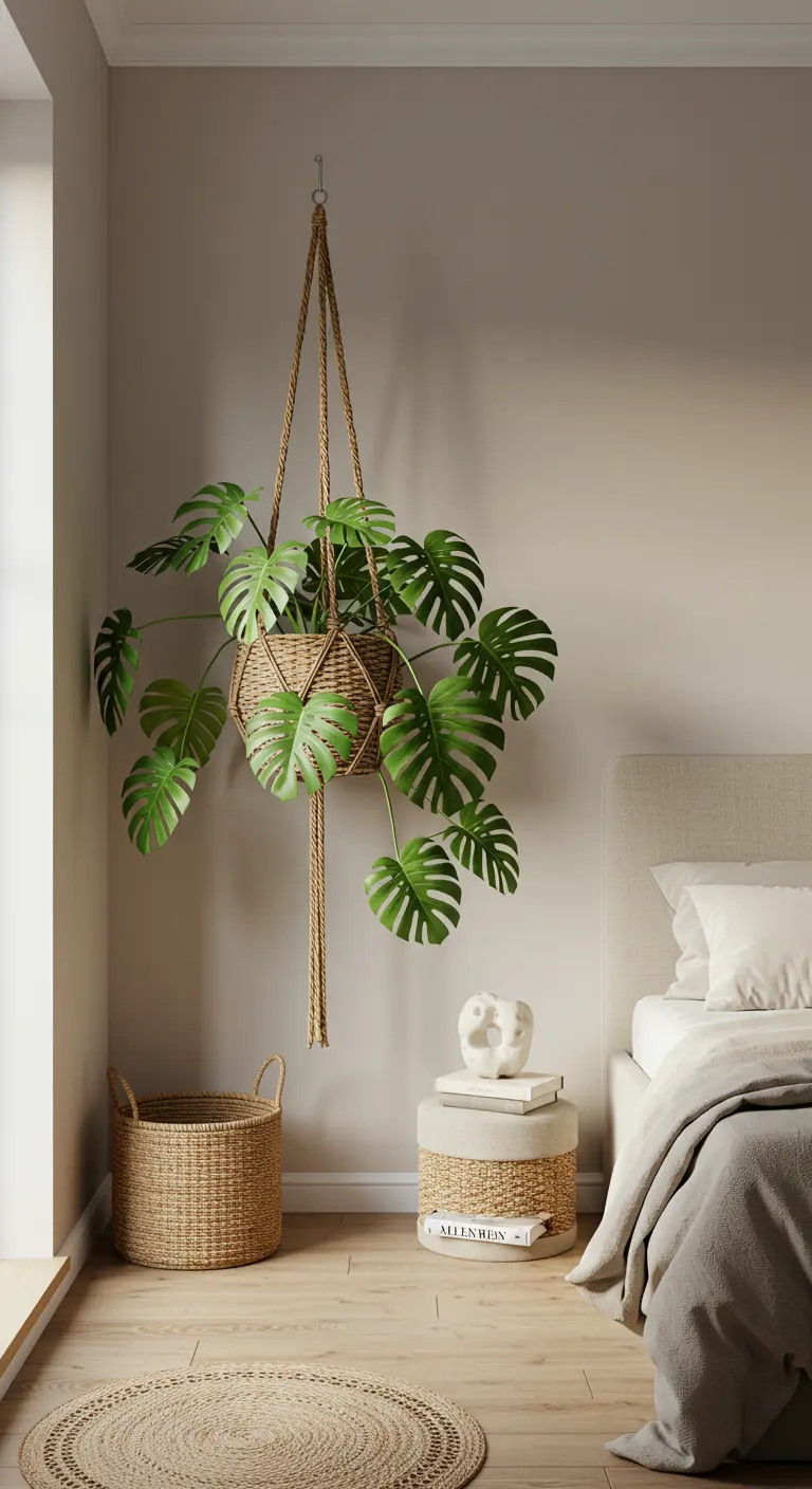 Grand panier suspendu en macramé contenant une plante Monstera dans une chambre.
