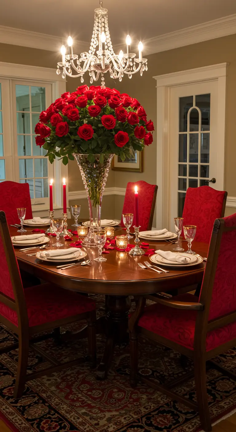 Centre de table romantique avec un immense bouquet de roses rouges et des bougies.