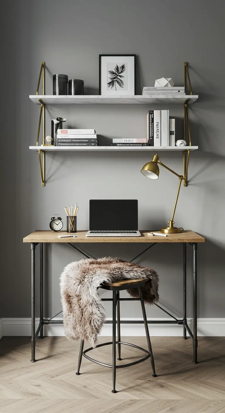 Bureau industriel avec des étagères à supports en laiton et une peau de mouton sur le tabouret.