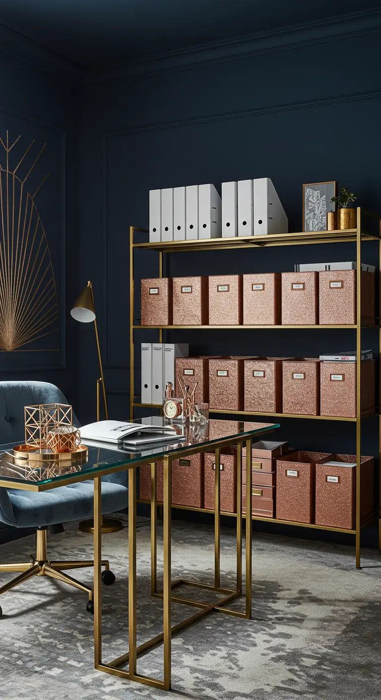 Bureau luxueux avec des murs bleu nuit, des meubles dorés et des boîtes de rangement or rose.