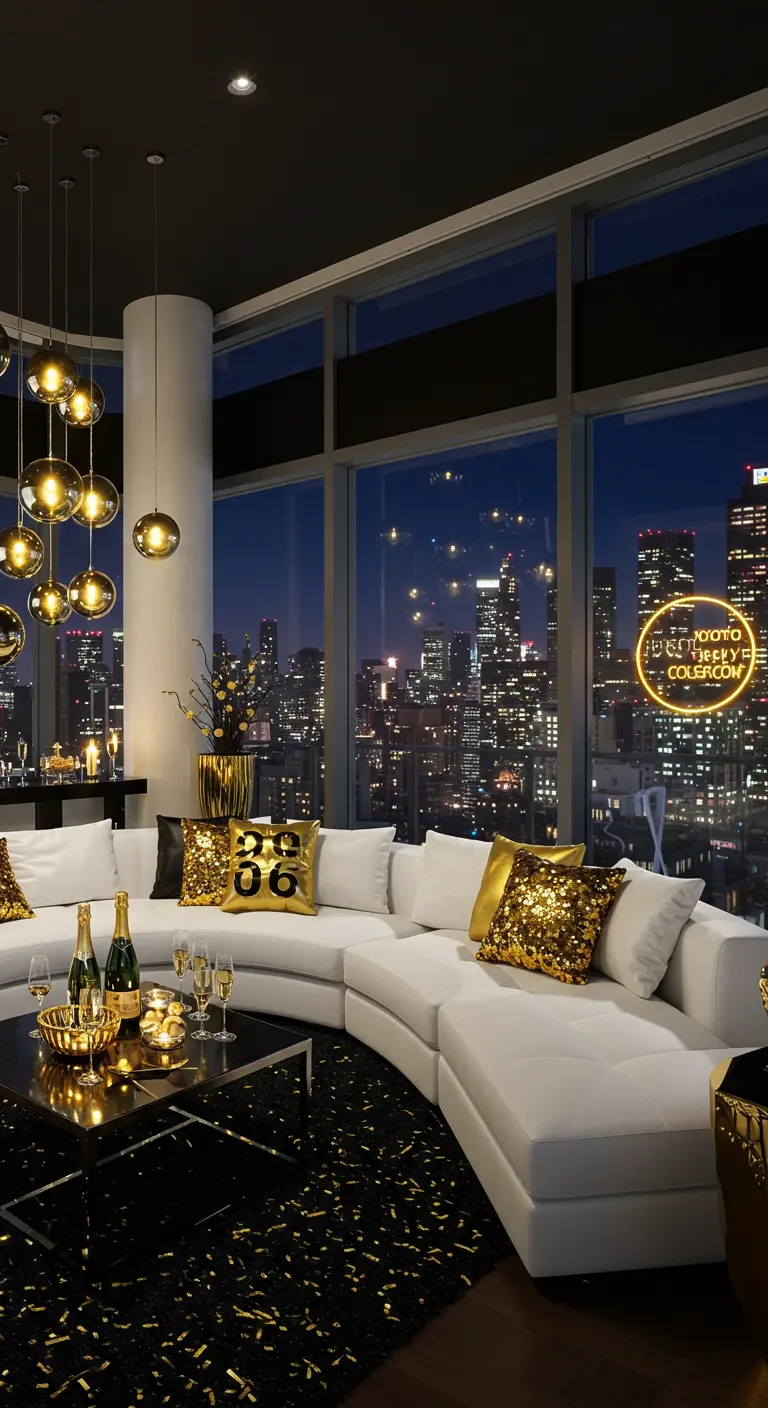 Salon moderne avec vue sur la ville, canapé blanc et coussins à paillettes dorées.