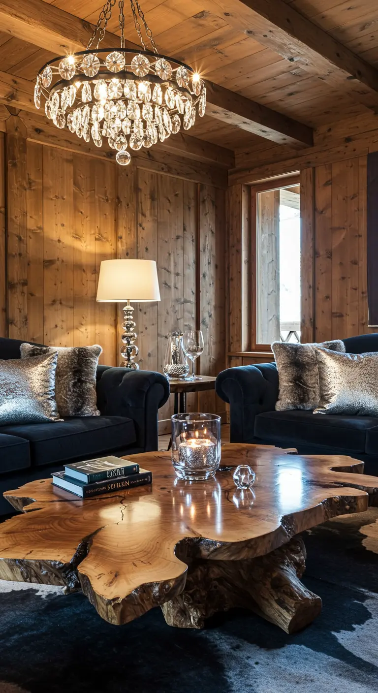 Salon chalet avec lustre en cristal, table en bois brut et canapés sombres.