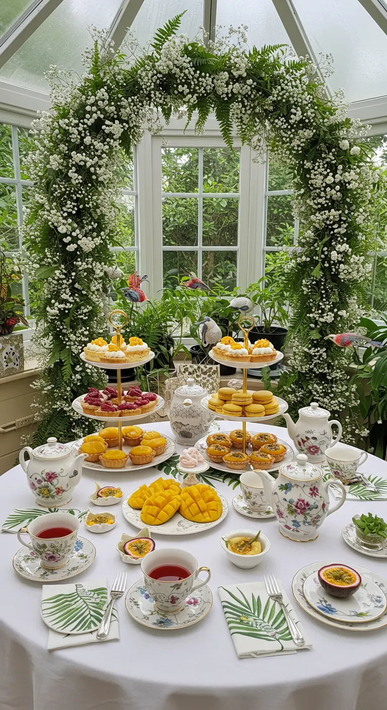 Table de goûter dressée sous une arche de gypsophile dans une véranda.