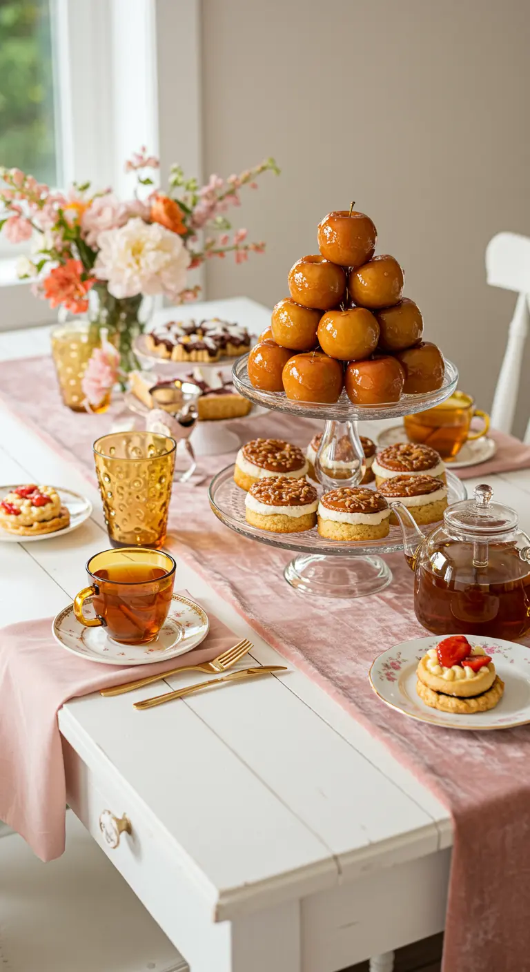 Table de goûter avec chemin de table rose, pommes d'amour et thé.