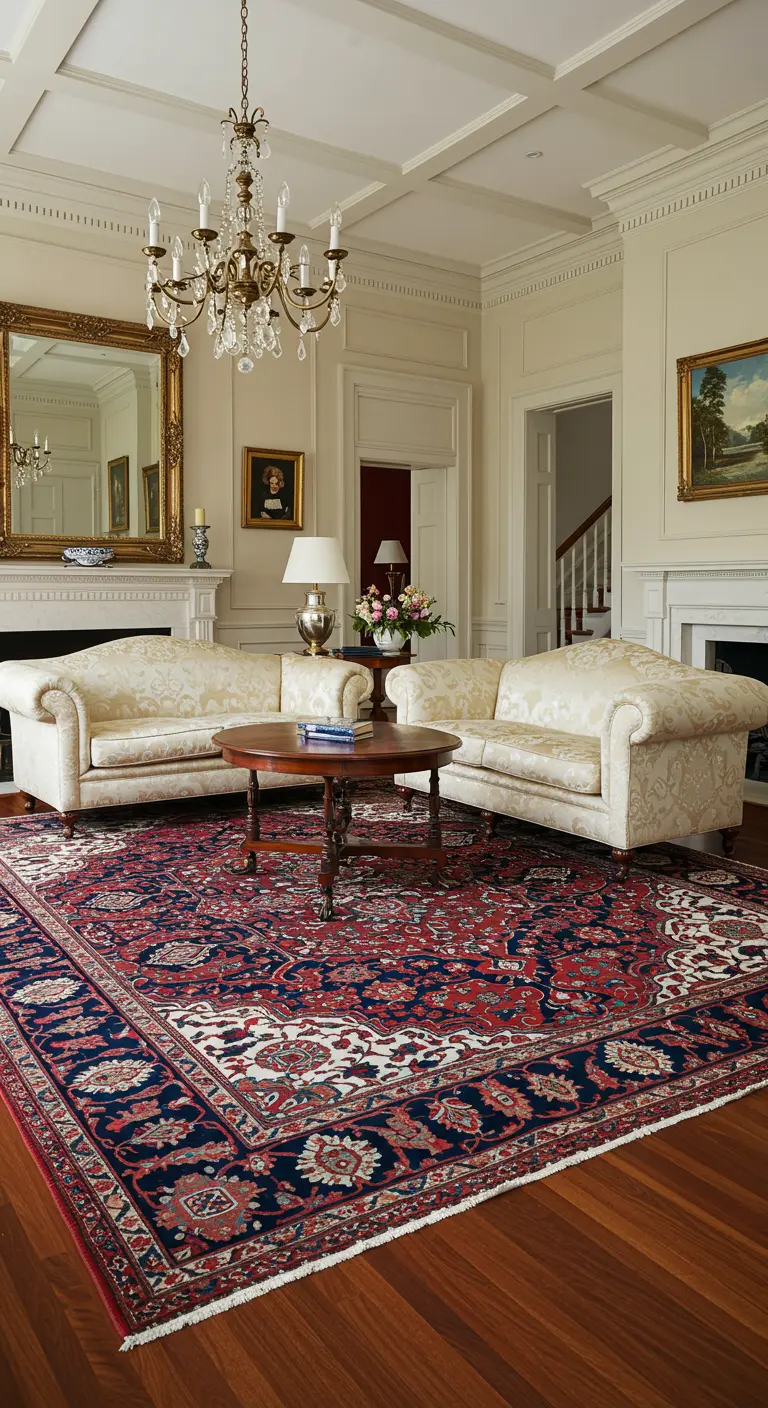 Salon traditionnel élégant avec un grand tapis persan et des canapés classiques.