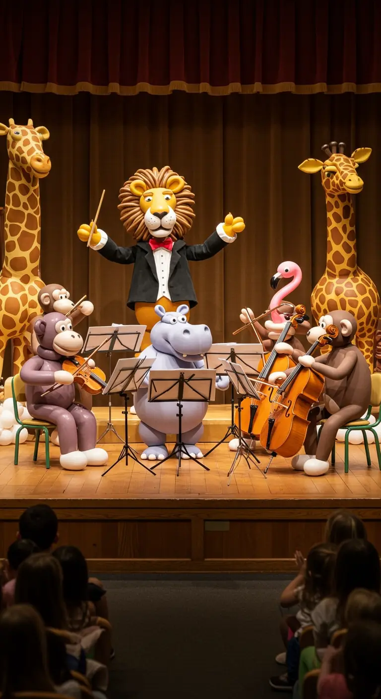 Un orchestre d'animaux de la jungle en ballons jouant de la musique sur une scène.