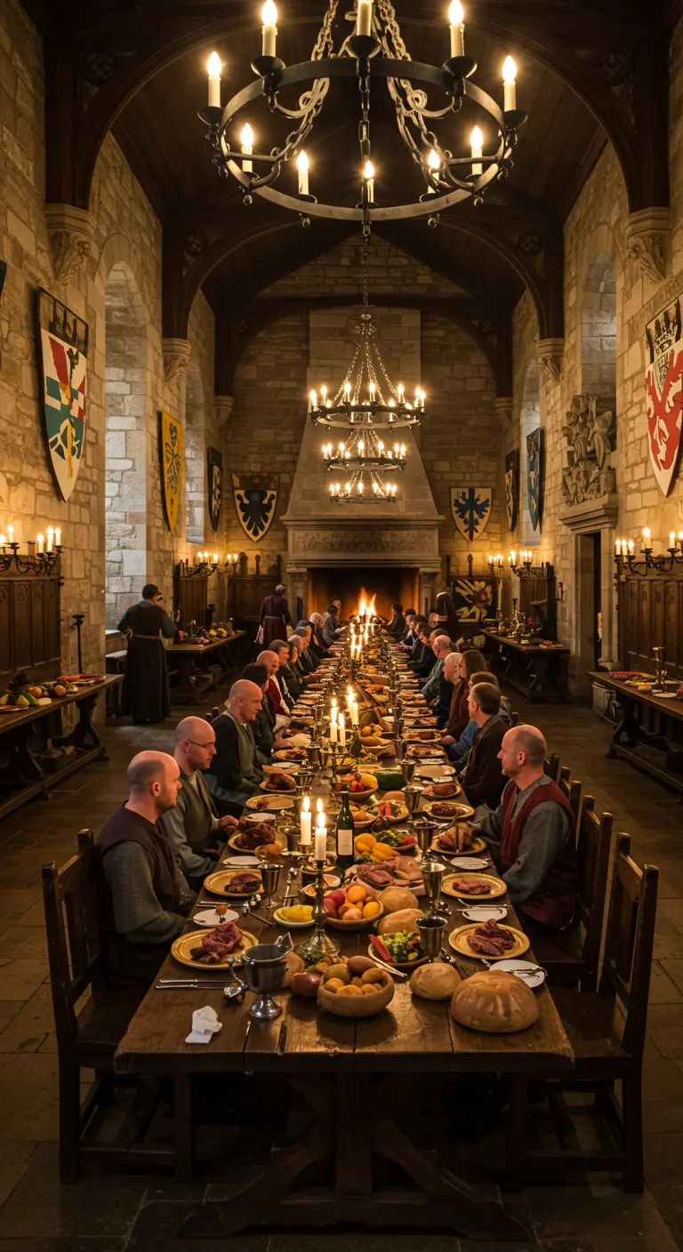 Longue table de banquet médiéval dans une grande salle en pierre avec des blasons.