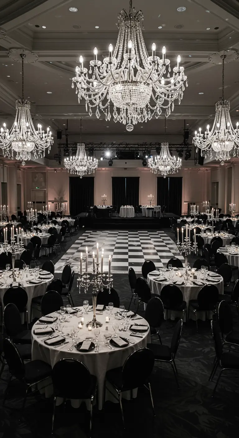 Salle de bal chic avec tables rondes nappées de blanc et lustres en cristal.