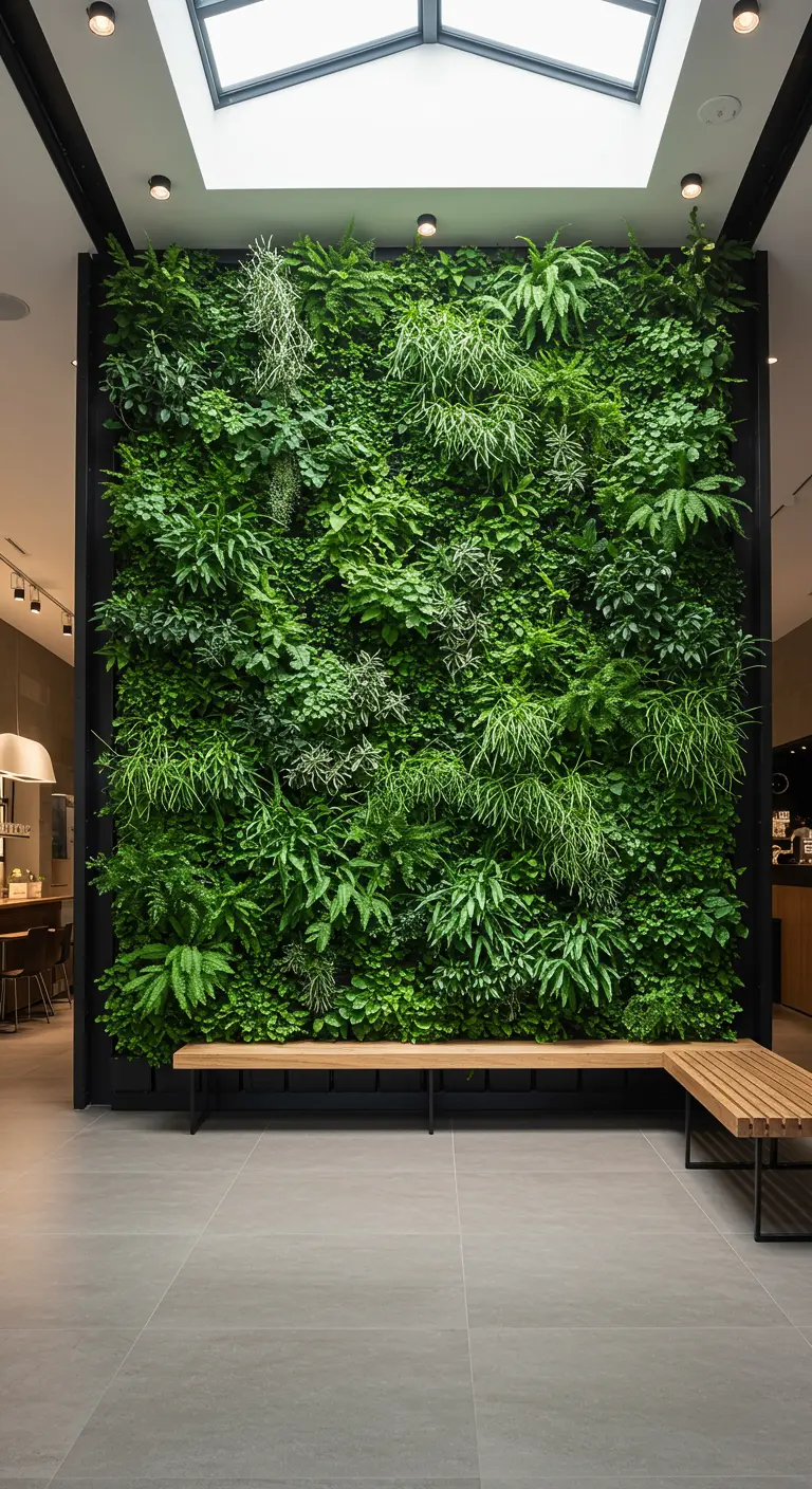 Immense mur végétal luxuriant dans un hall d'entrée moderne avec des bancs en bois.