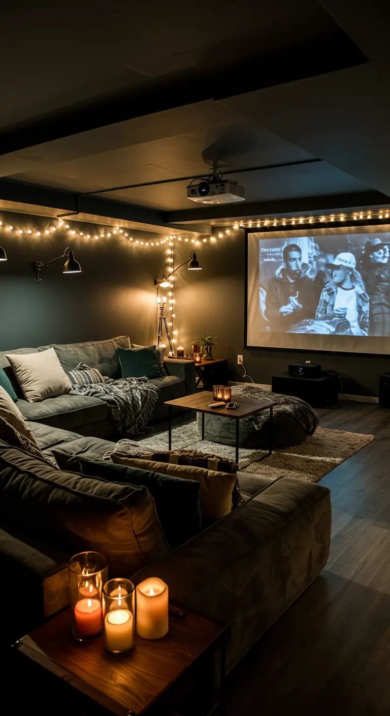 Home cinéma avec écran de projection, canapé confortable, guirlandes et bougies