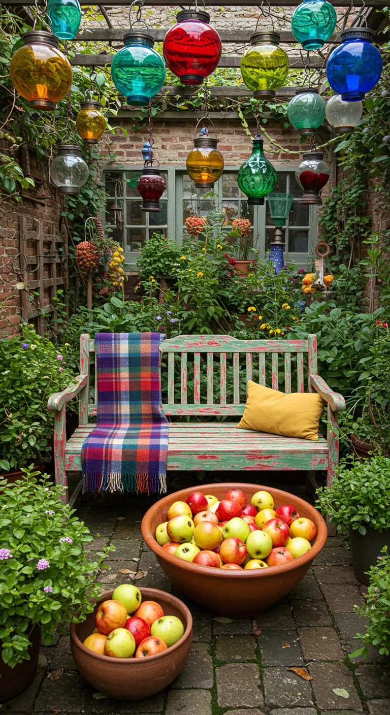 Banc en bois coloré sous une profusion de lanternes en verre de toutes les couleurs.