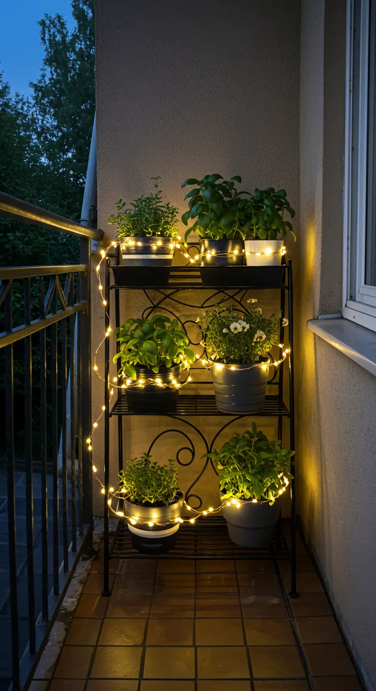 Étagère en métal avec plusieurs pots d'herbes aromatiques, enroulée d'une guirlande.
