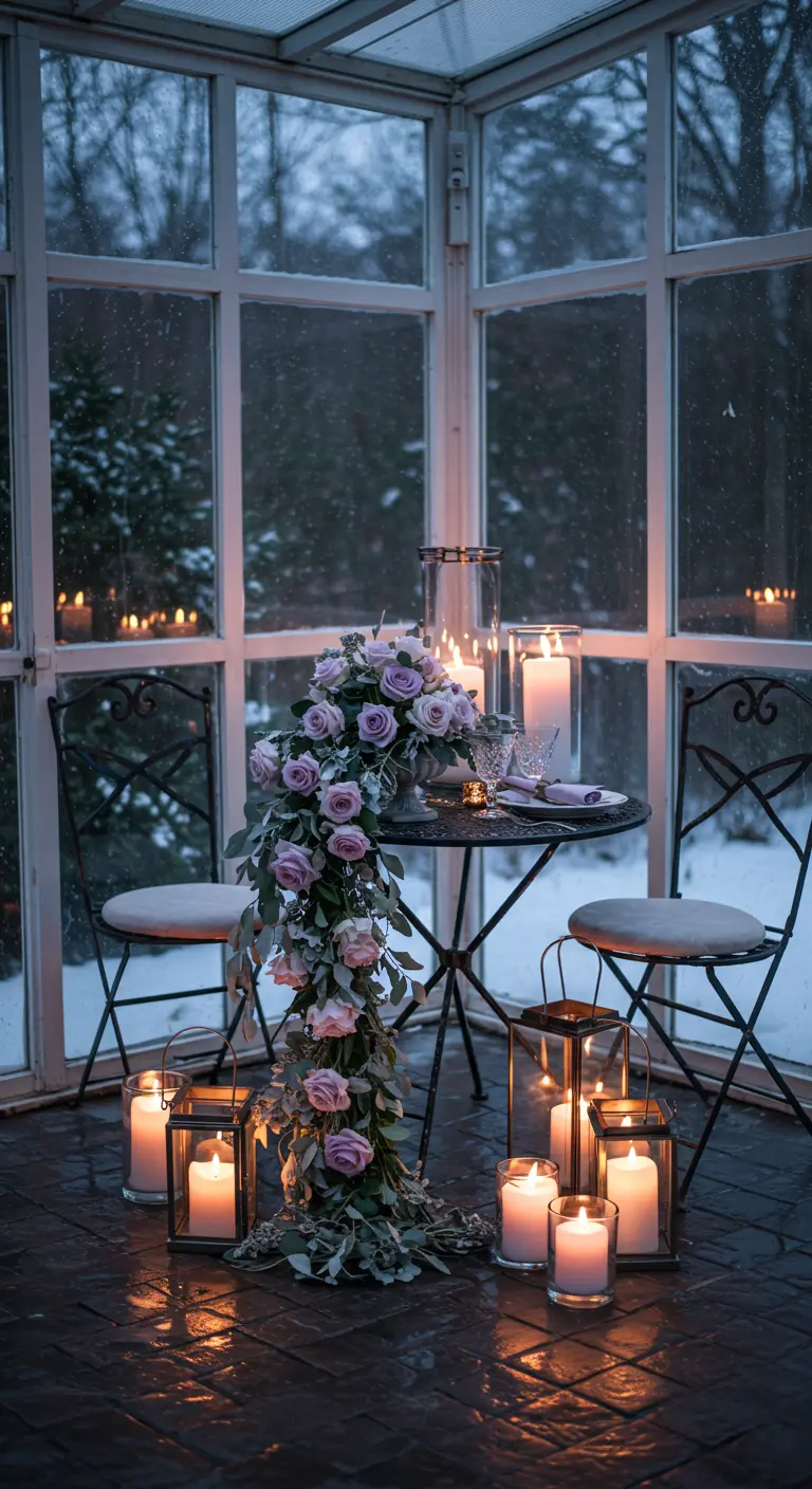 Table dans une véranda avec une cascade de roses mauves et des lanternes.