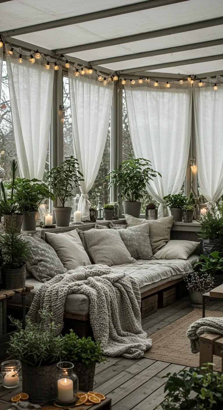 Jardin d'hiver avec plantes, guirlandes lumineuses et canapé confortable
