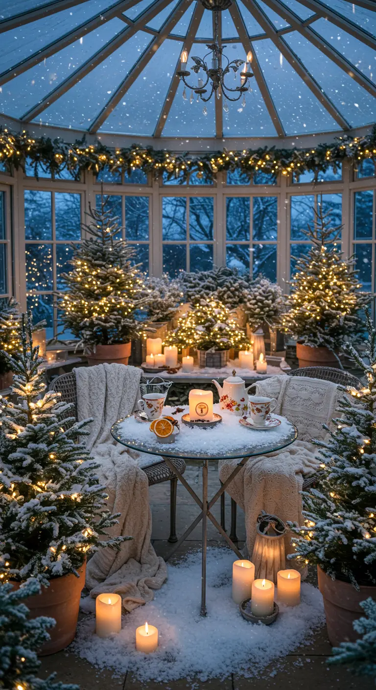 Véranda enneigée remplie de sapins illuminés et de bougies, créant une ambiance féérique.