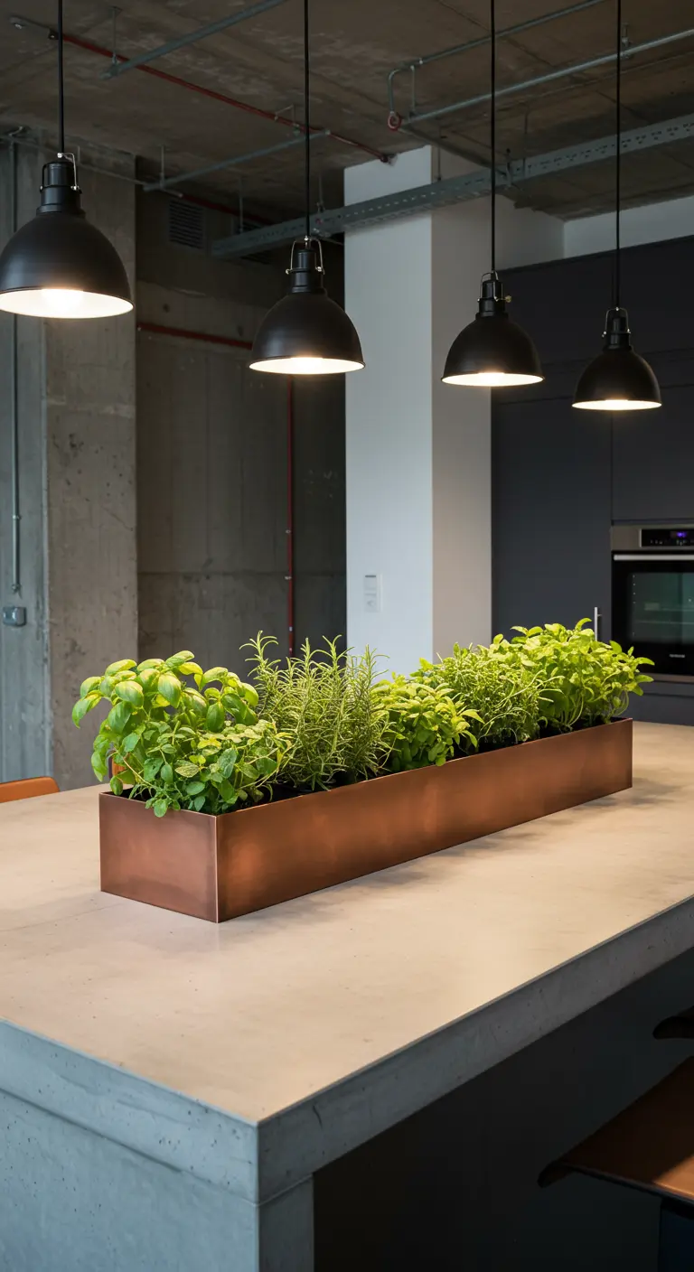 Une longue jardinière en cuivre remplie d'herbes fraîches sur un îlot de cuisine en béton.