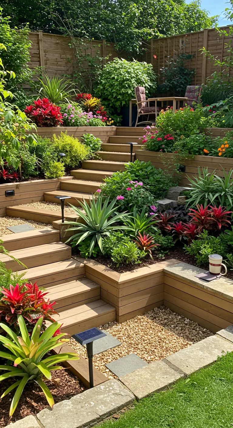 Jardin en terrasses avec escaliers en bois, plantes colorées et lampes solaires.