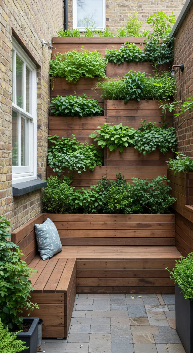 Jardinières en bois étagées sur un mur de briques avec une banquette intégrée en bas.